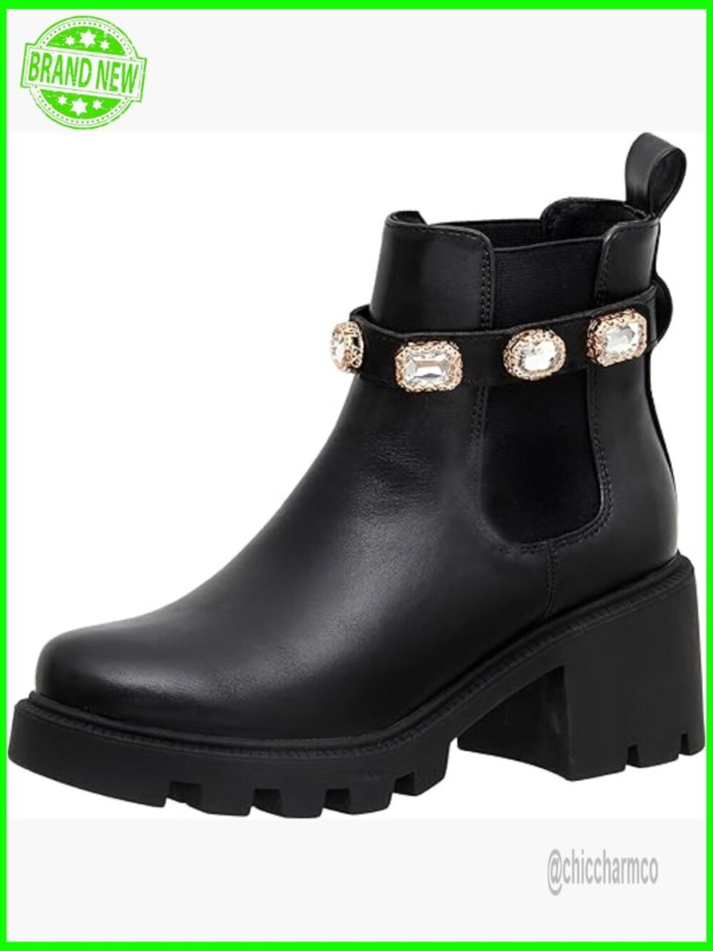 Vegan Leather Chelsea Boots with Jeweled Strap and Memory Foam